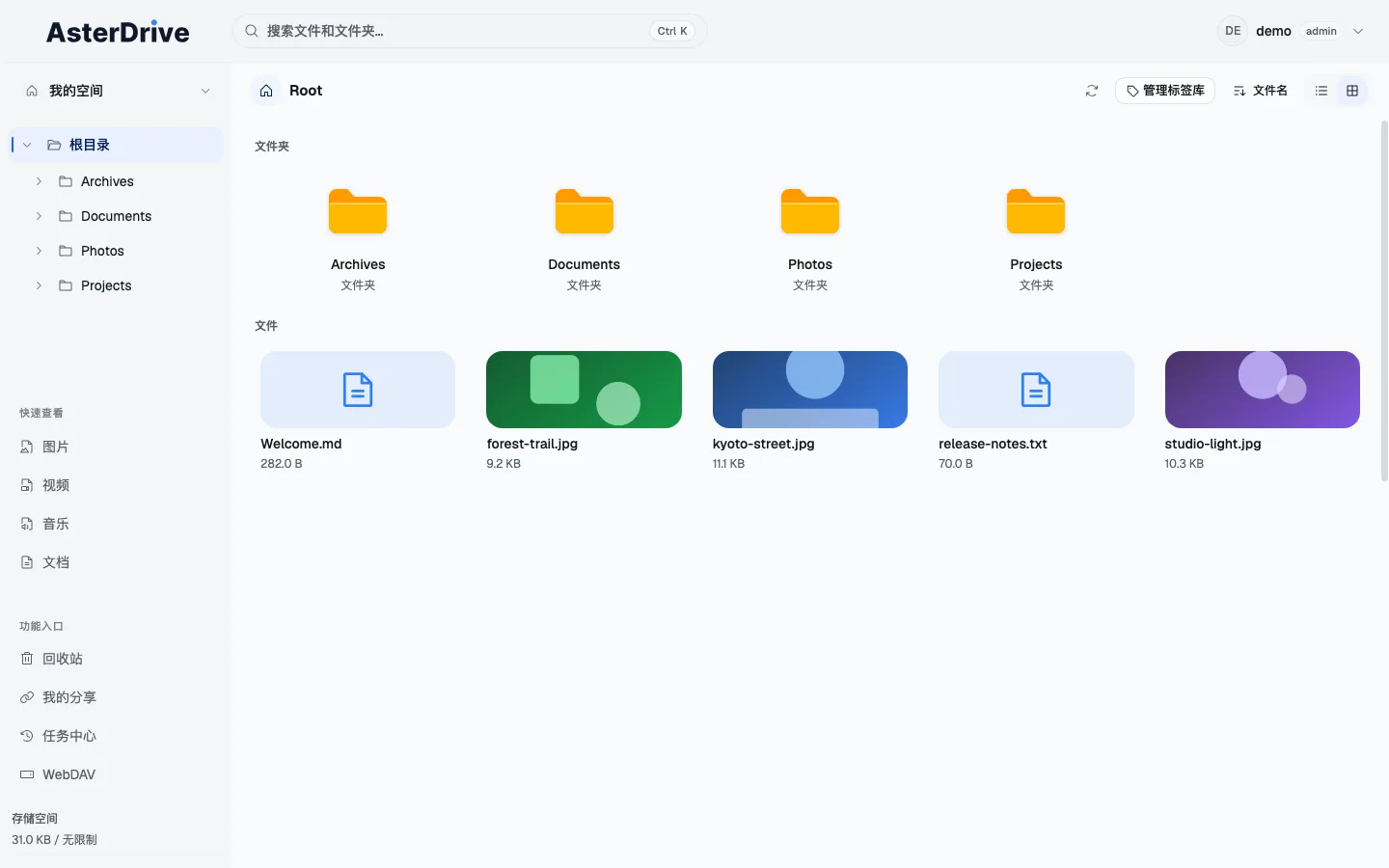AsterDrive Web 面板截图